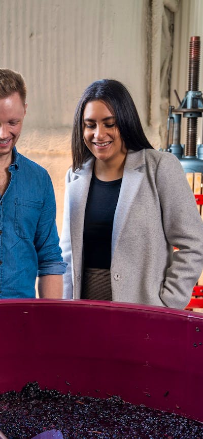 A couple in a Canberra winery looking at fermenting red grapes