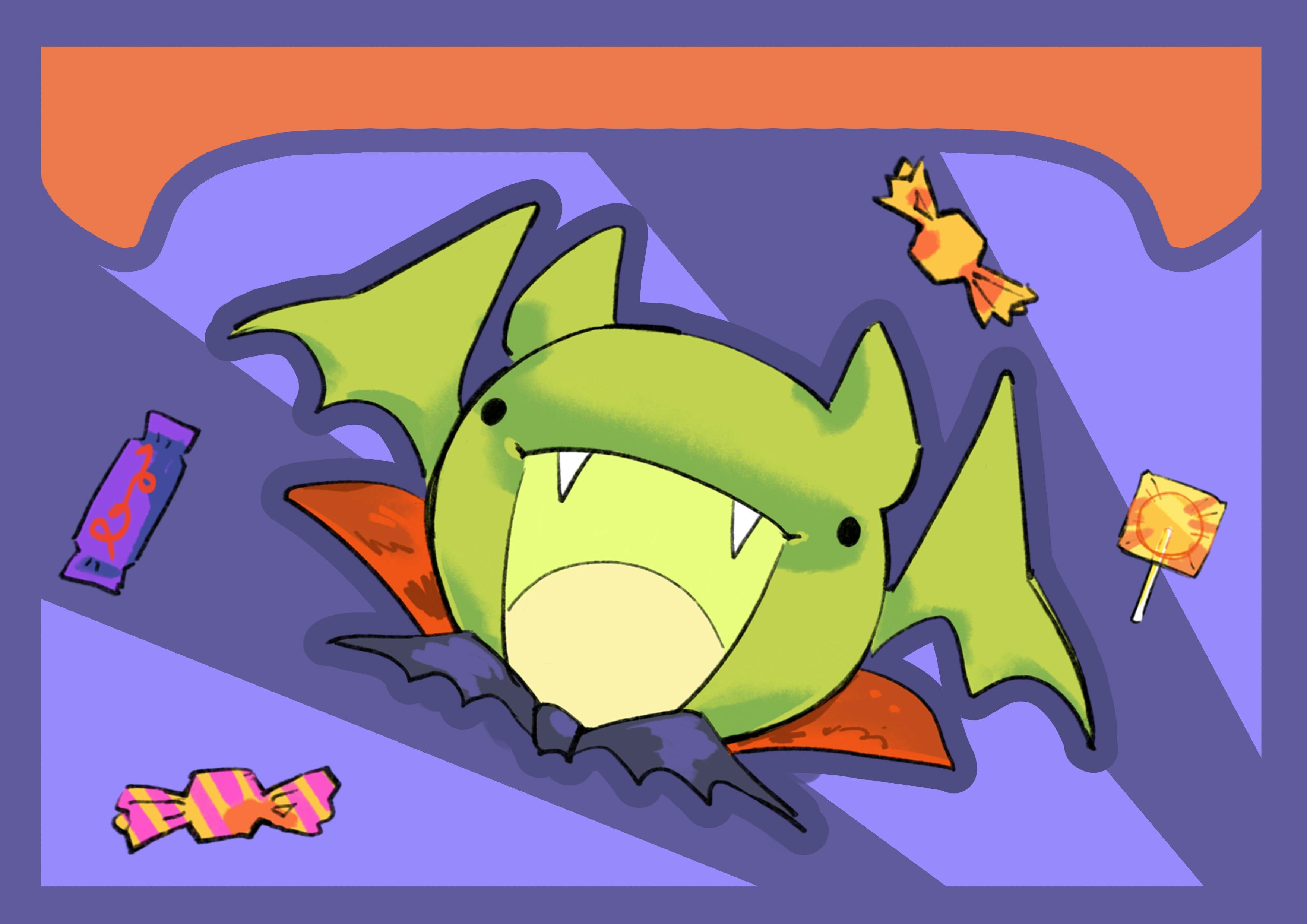 TasPop Geek Market Poster. Green Bat with vamapire fangs and a cape surrounded by lollies.