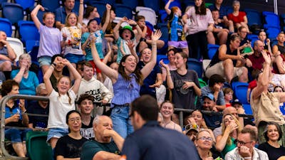 Crowd cheering and jumping at a UC Capitals game.