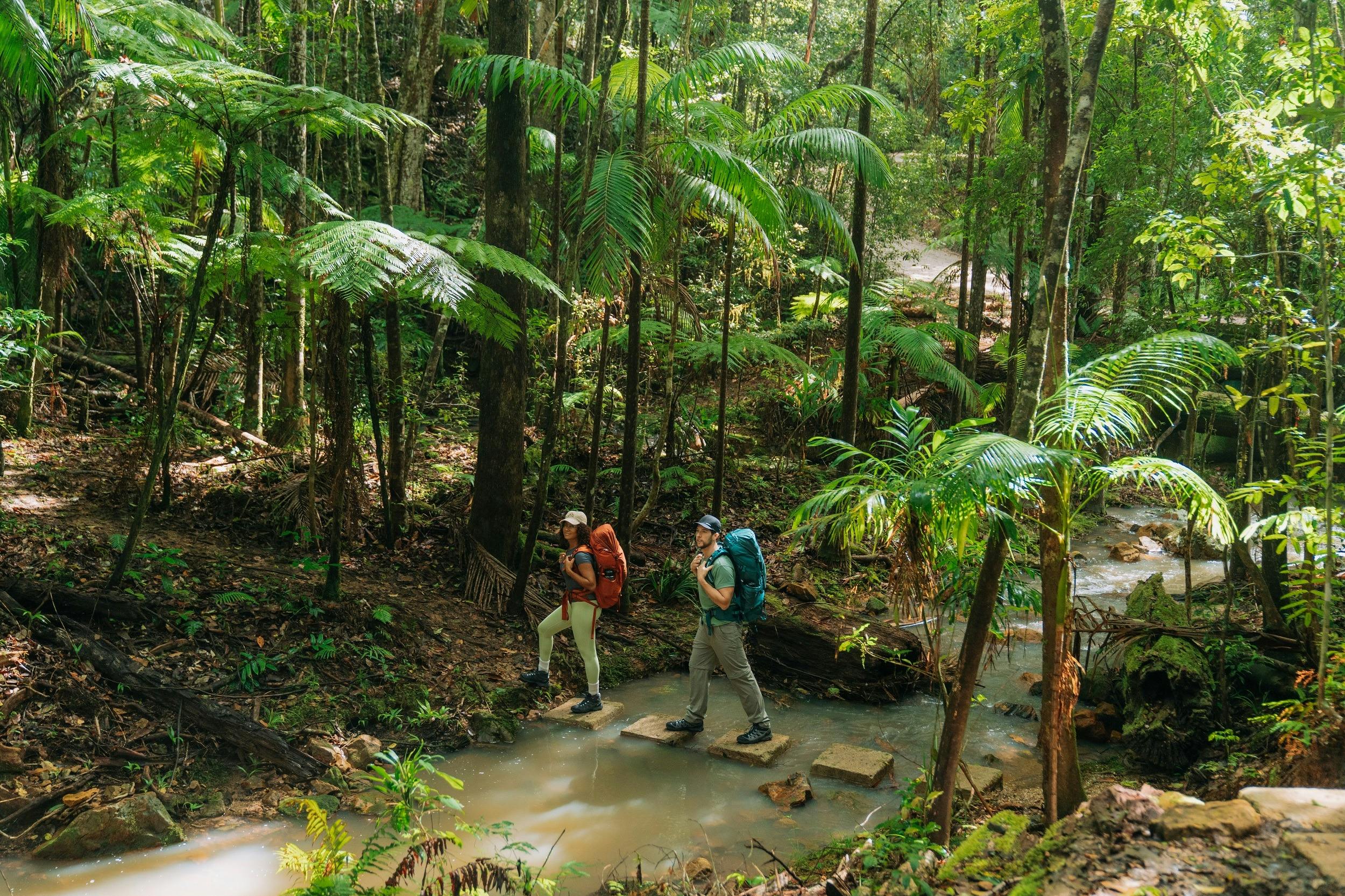 Two walkers crossing a creek using stepping stones on Unicorn Falls walking track.