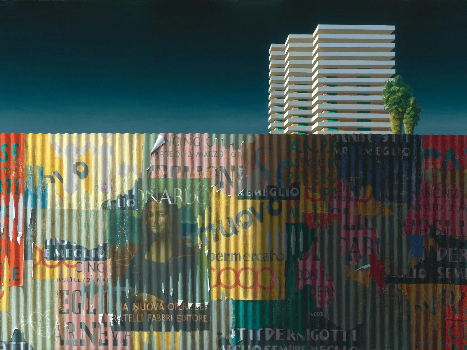 Render of wall with posters, and a building in the background.