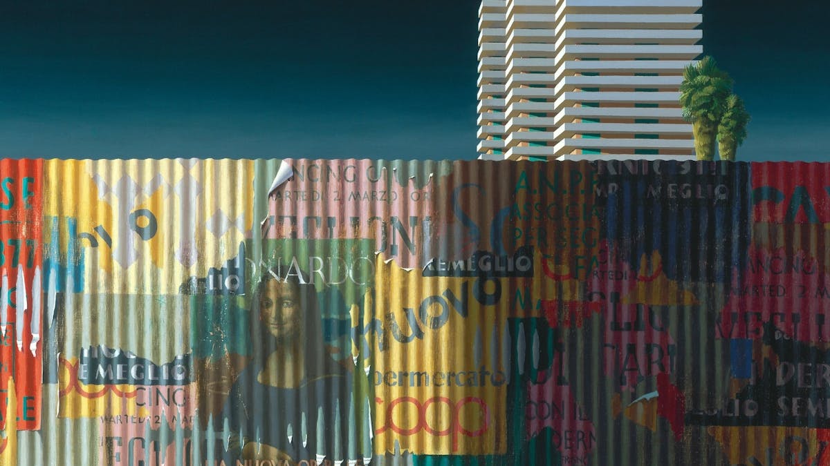 Render of wall with posters, and a building in the background.