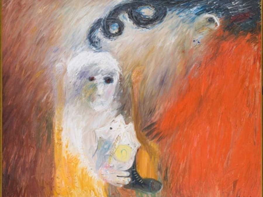 An expressionist painting of a white figure appears in front of an orange and red backdrop