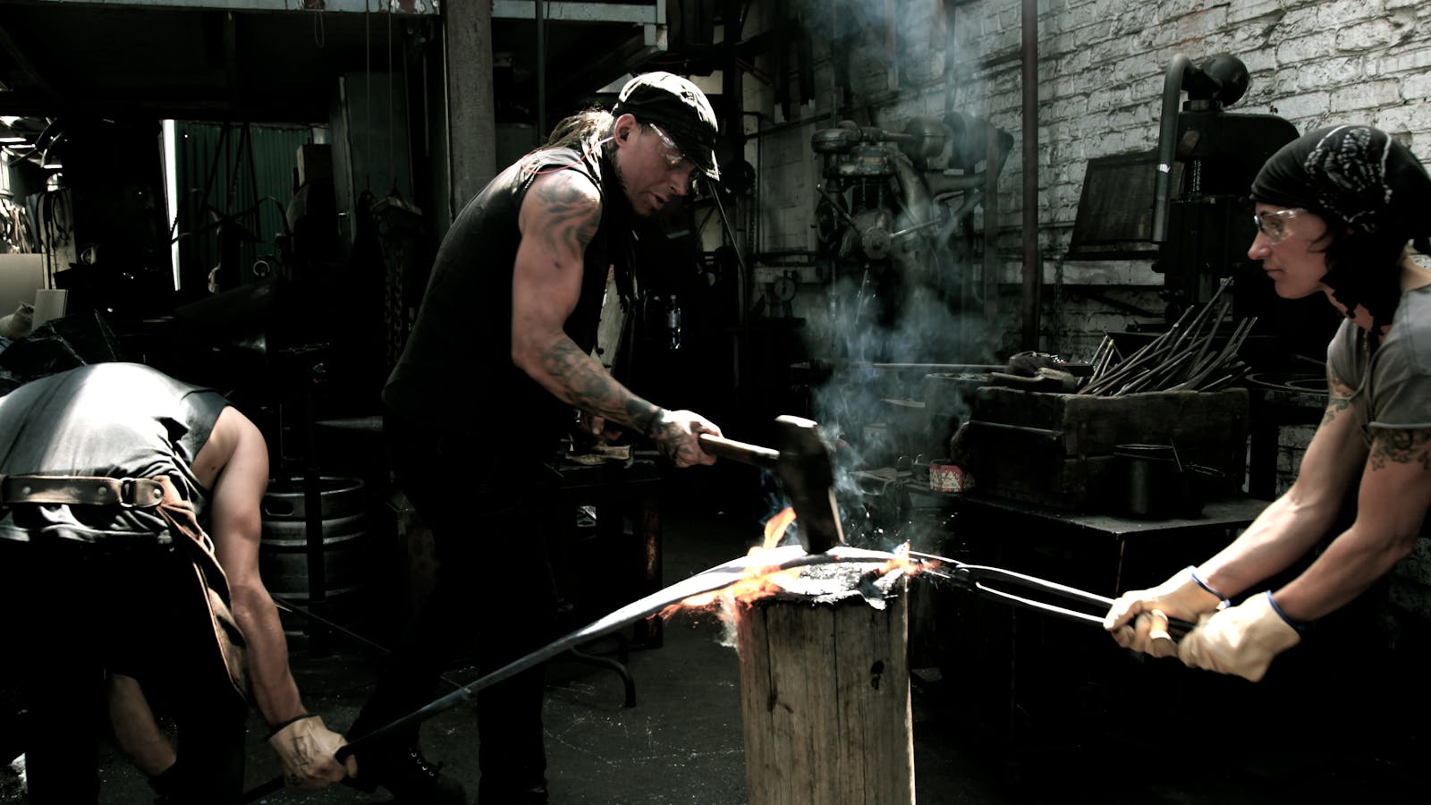 Artist blacksmith Pete Mattila at work in the forge.