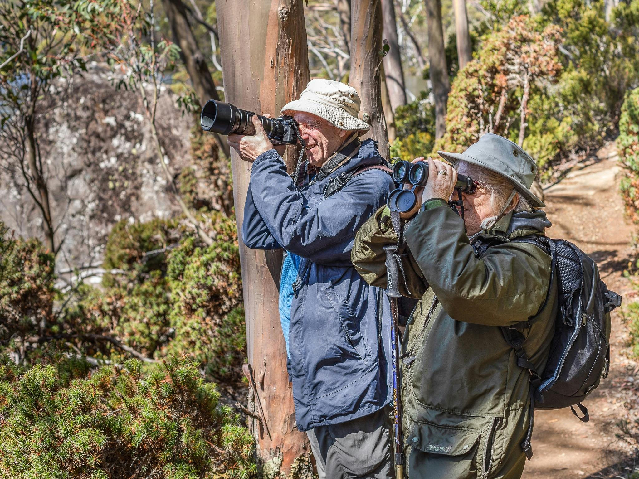 a bird photographer taking a photo of a bird and birder with binoculars lifted to her eyes