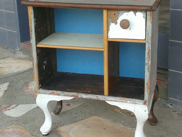 Small timber cupboard made from salvaged timber, with a small drawer