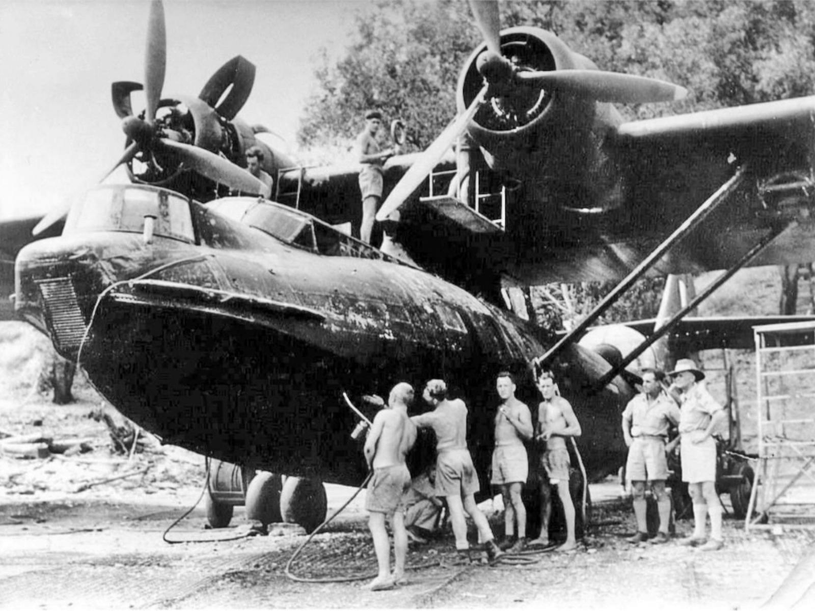 Overhauling a RAAF Catalina of 43 Sqdn Doctors Gully Darwin 1944 near Esplanade Cliff face