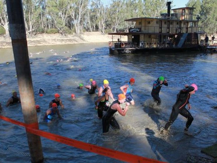 Swimmers leaving the Murray River