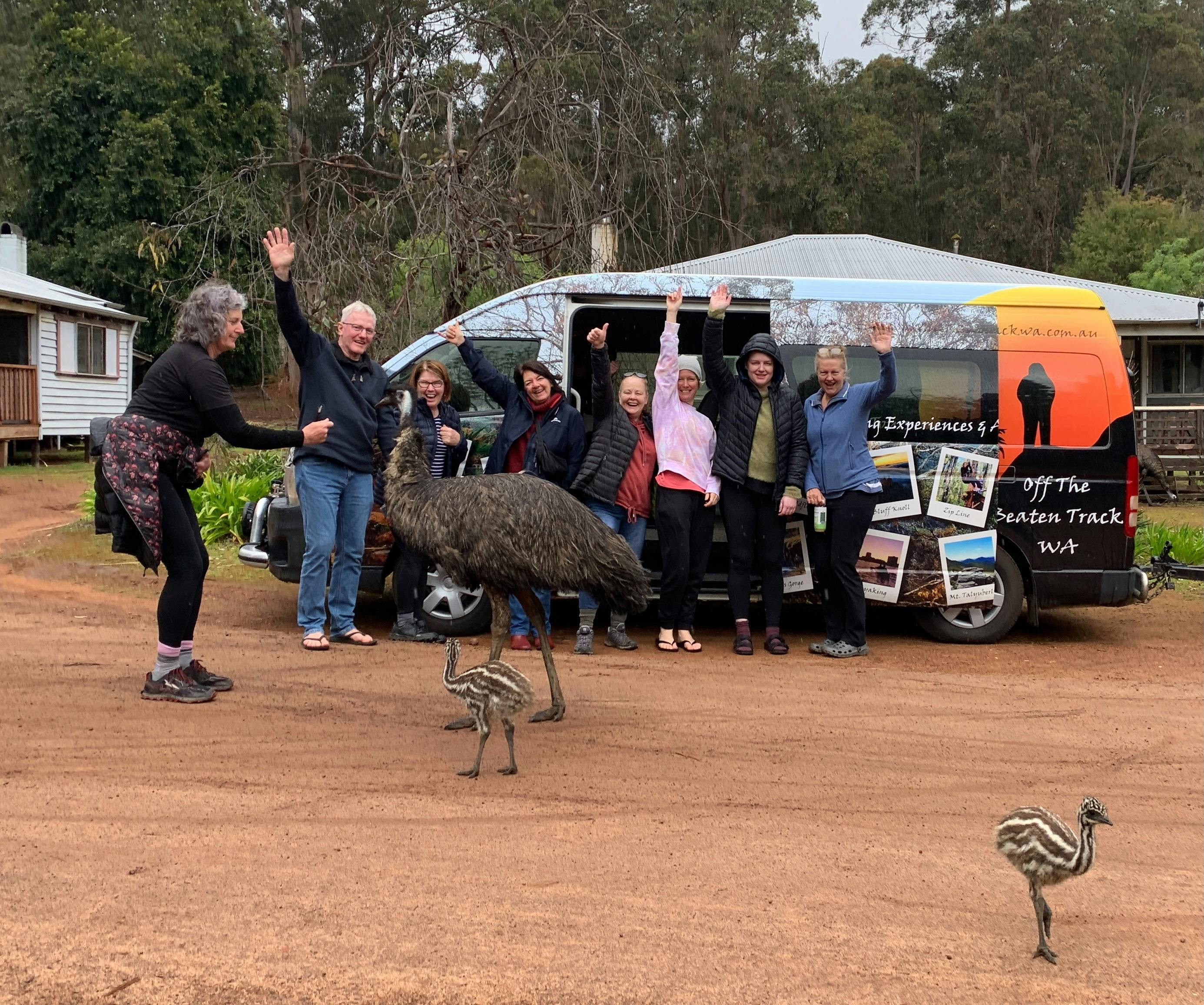 Hiking group posing happily for photo infront of tour bus with one large and two baby emus