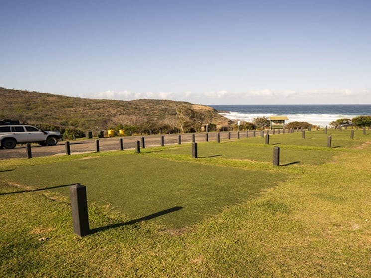 Carpark and designated tent areas at Frazer campground, Munmorah State Conservation Area. Photo: