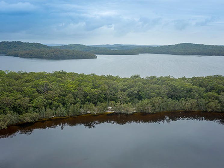 Aerial view of Freshwater campground on Two Mile Lake with Boolambayte Lake in the background.