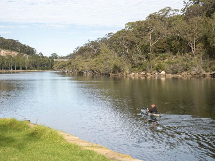 A person in a canoe glides down the river next to Davidson Park, in Garigal National Park. Photo: