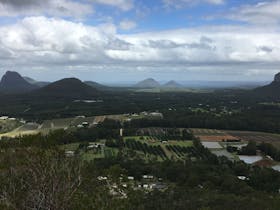 View (1) of Glasshouse Mtns from atop Coochin Twins.
Mt Tibrogargan & Ngungun to Left. 
Mt Coonoowrin to the right