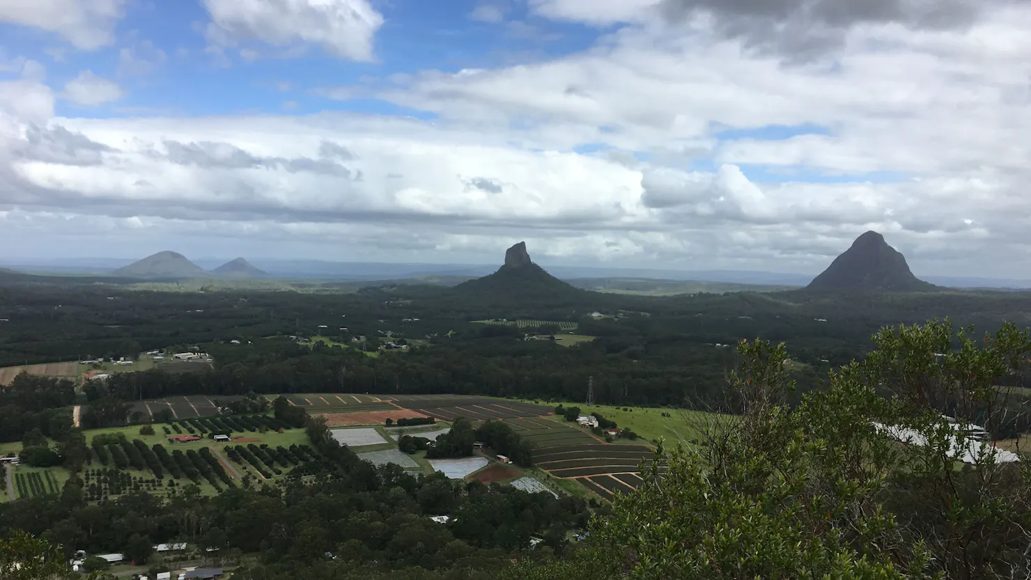 View (2) of Glasshouse Mtns from atop Coochin Twins
Mt Coonoowrin (Ctr) and Mt Beerwah to the right
