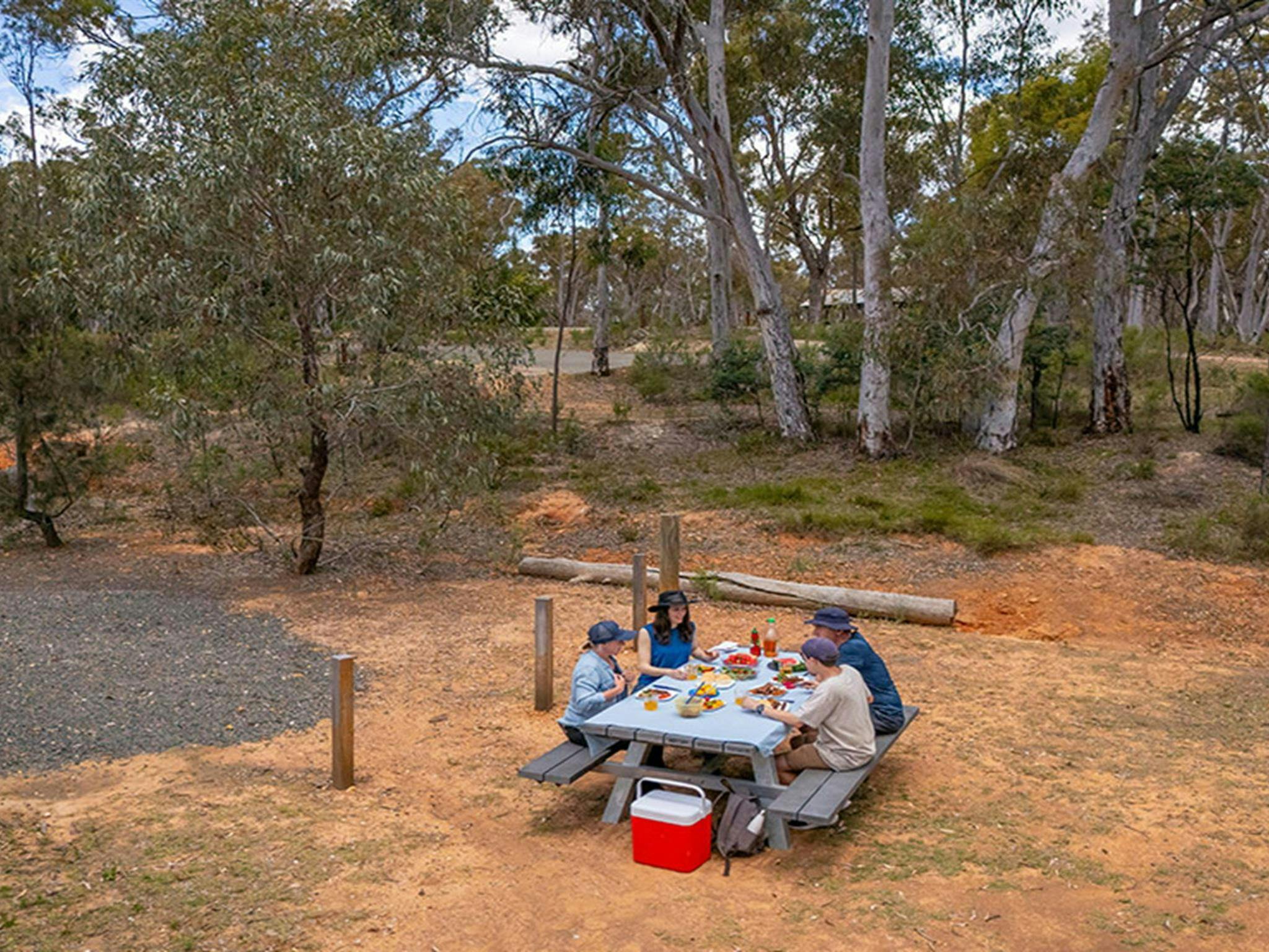 A group of campers eating lunch at a picnic table, Glendora campground. Credit: John Spencer/DCCEEW