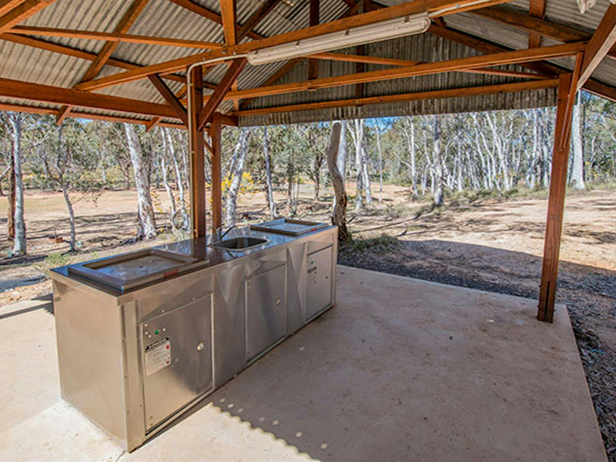 View of a barbecue shelter at Glendora campground, Hill End Historic Site. Photo: John Spencer/OEH