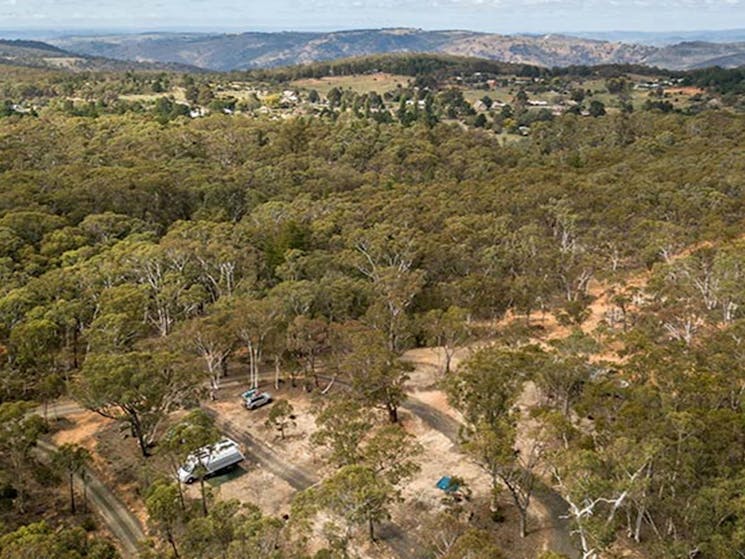 Arial view of Glendora campground and the surrounding bushland, with Hill End Historic Site in the