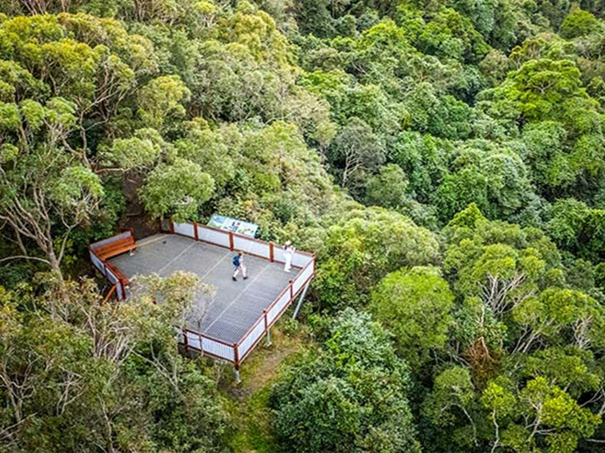 Aerial view of Leichhardts lookout in Glenrock State Conservation Area, surrounded by forest. Photo: