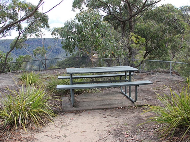 Picnic table at Grand Canyon lookout, set in bushland with valley view.  Photo: John Yurasek/OEH.