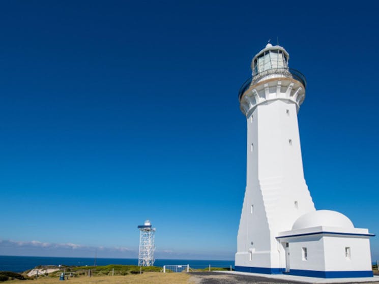 View of Green Cape Lighthouse on a grassy flat with the ocean in the background. Photo: John Spencer