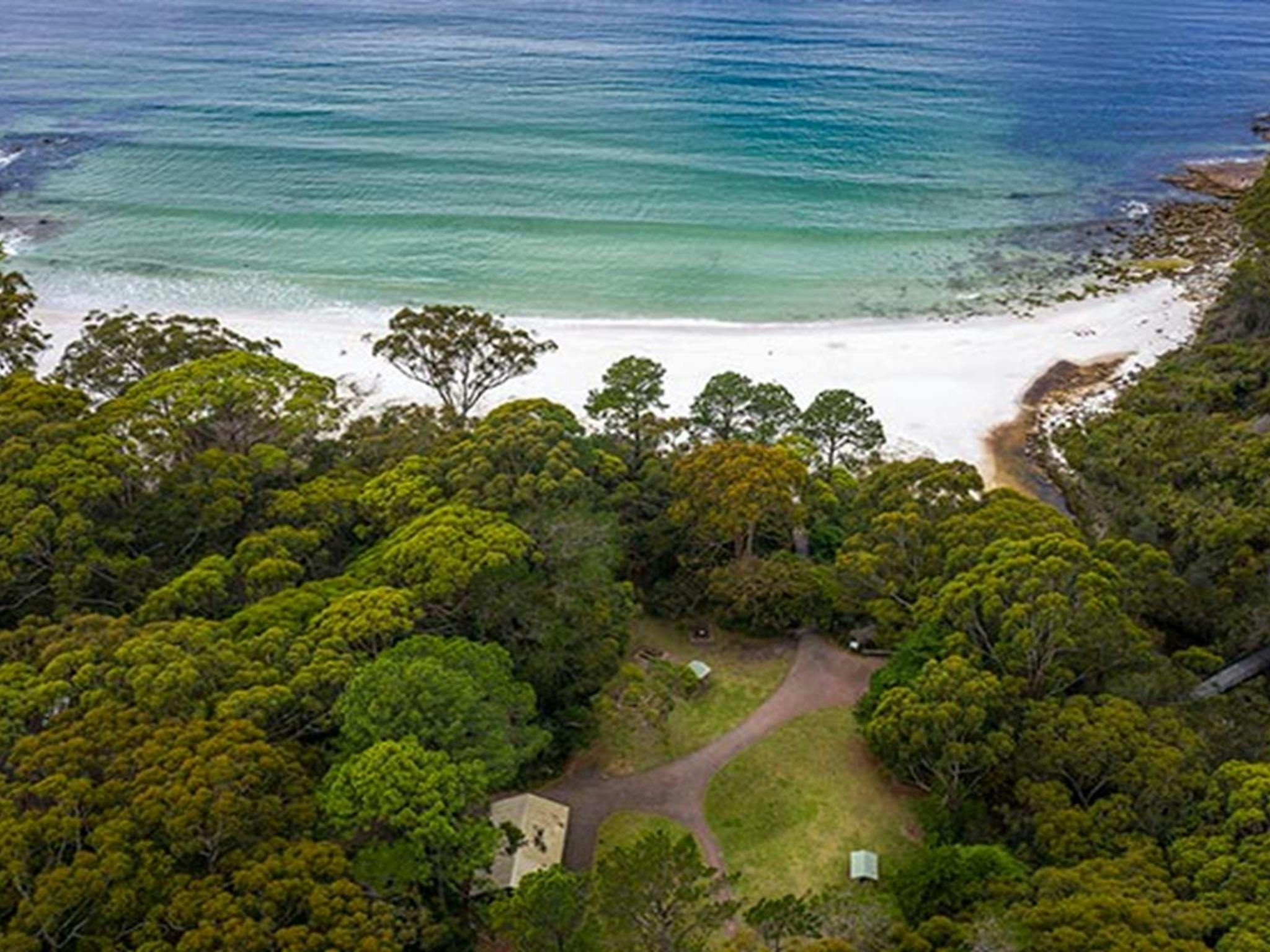 An aerial view of where the picnic area meets Greenfield Beach in Jervis Bay National Park. Photo: