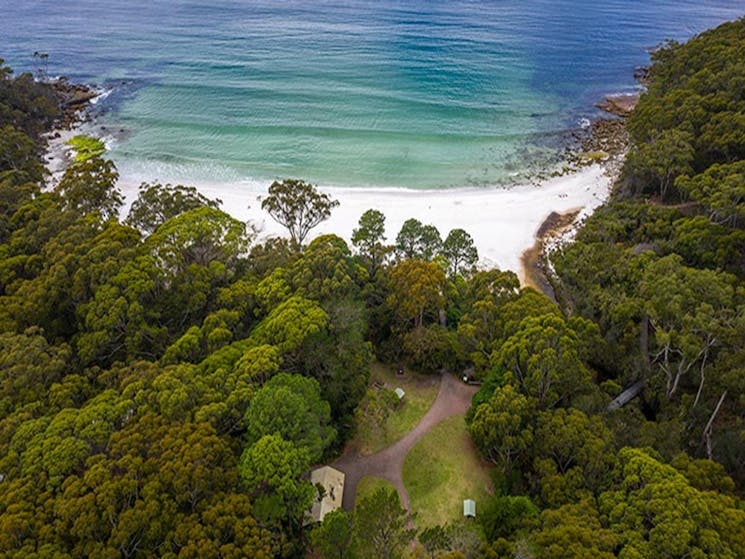 An aerial view of where the picnic area meets Greenfield Beach in Jervis Bay National Park. Photo: