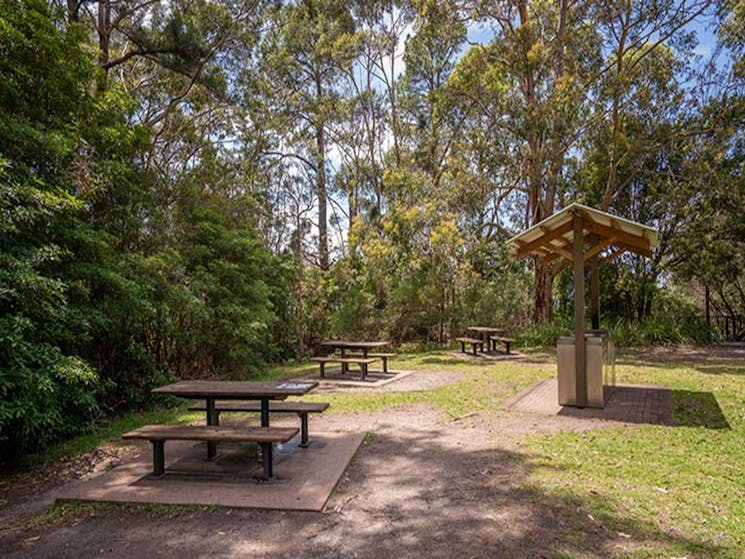 Picnic tables and a covered barbecue at Greenfield Beach picnic area in Jervis Bay National Park.