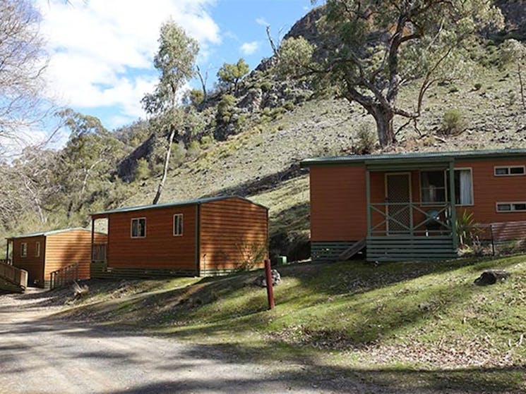 Exterior of 3 Grove Creek cabins accommodation at Abercrombie Karst Conservation Reserver. Photo: