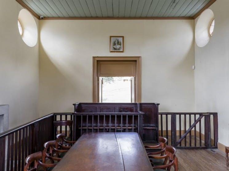 The interior of Hartley Courthouse looking towards the entrance in Hartley HIstoric Site. Photo: