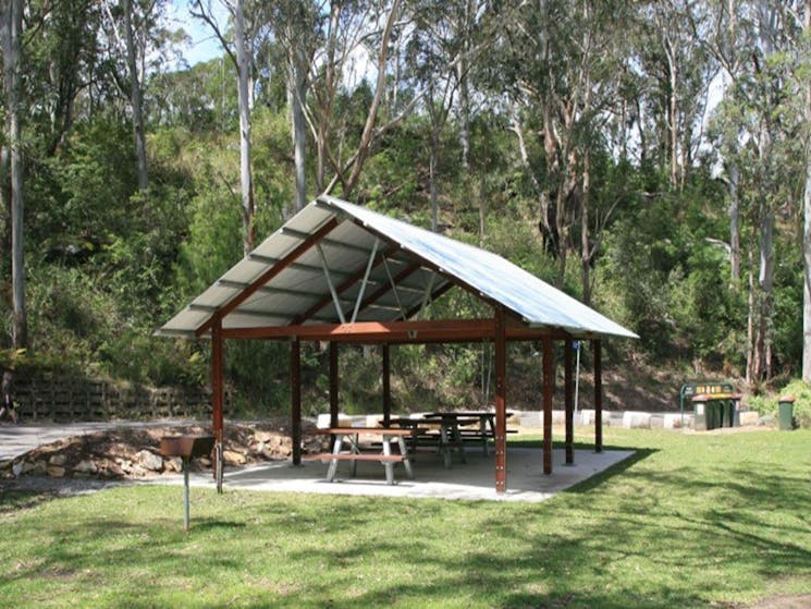 A large picnic shelter surrounded by trees at Haynes Flat picnic area in Lane Cove National Park.