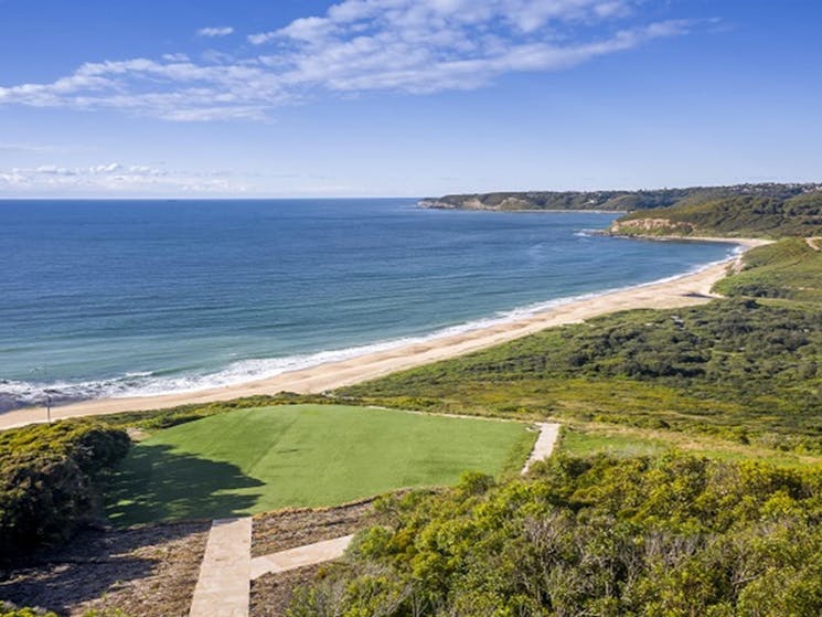 Aerial view of lawn at Hickson Street lookout, with beach,  bushland and ocean in the background.