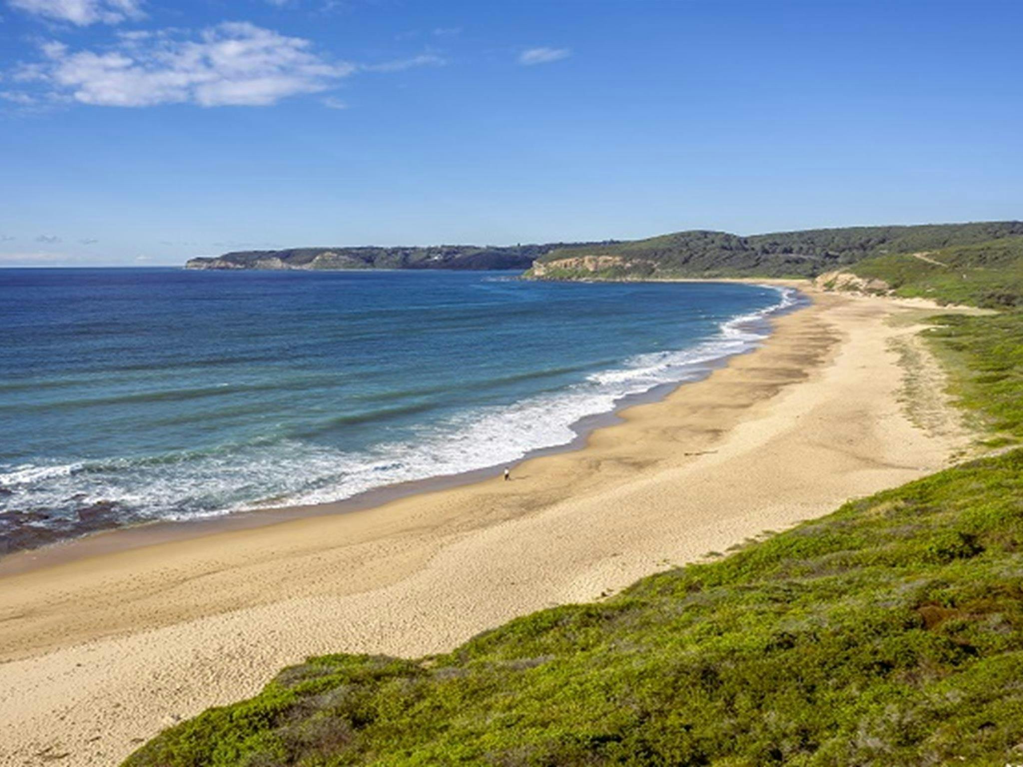 Aerial view of pristine beach,  bushland and ocean from Hickson Street lookout in Glenrock State
