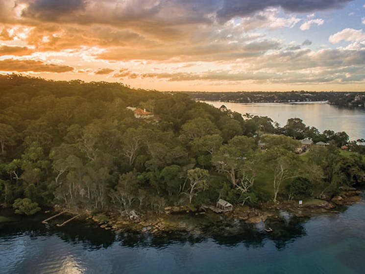 Aerial view of Hilltop Cottage and Port Hacking in Royal National Park. Photo: John Spencer &copy;