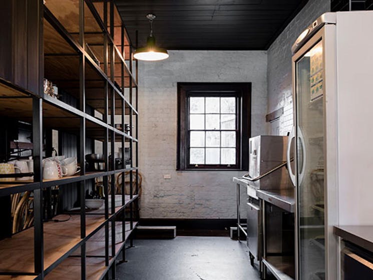 Shelving and the commercial kitchen at Hosies in Hill End Historic Site. Photo:  Jennifer Leahy