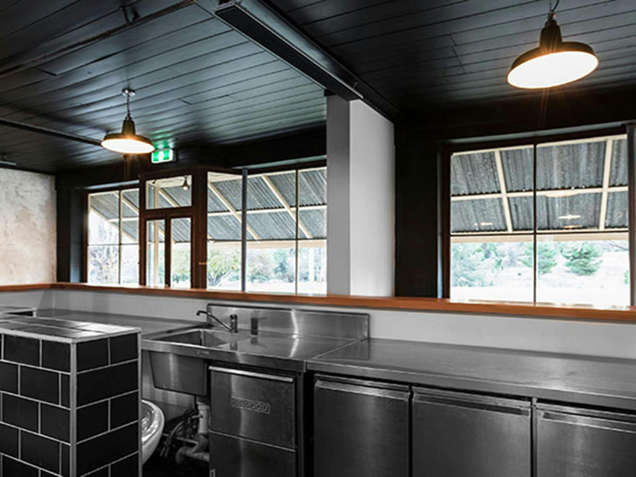 The benchtop and sink in the commercial kitchen at Hosies in Hill End Historic Site. Photo: