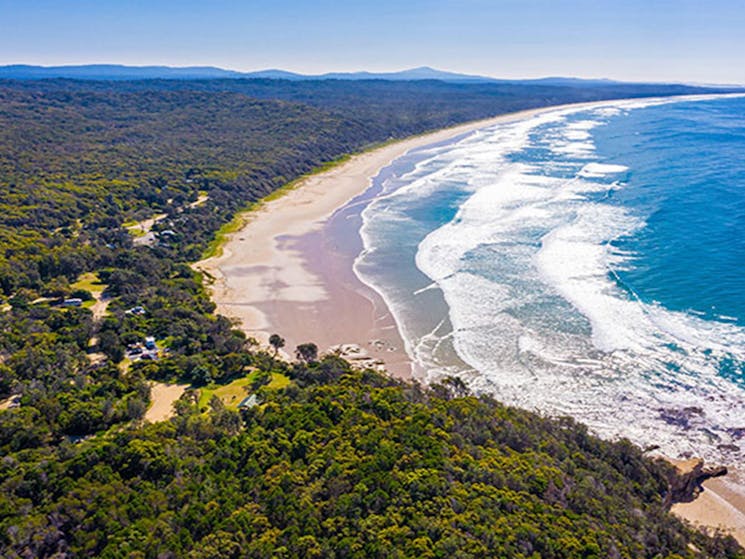 An aerial view of Illaroo campground and Illaroo group camping area in Yuraygir National Park.