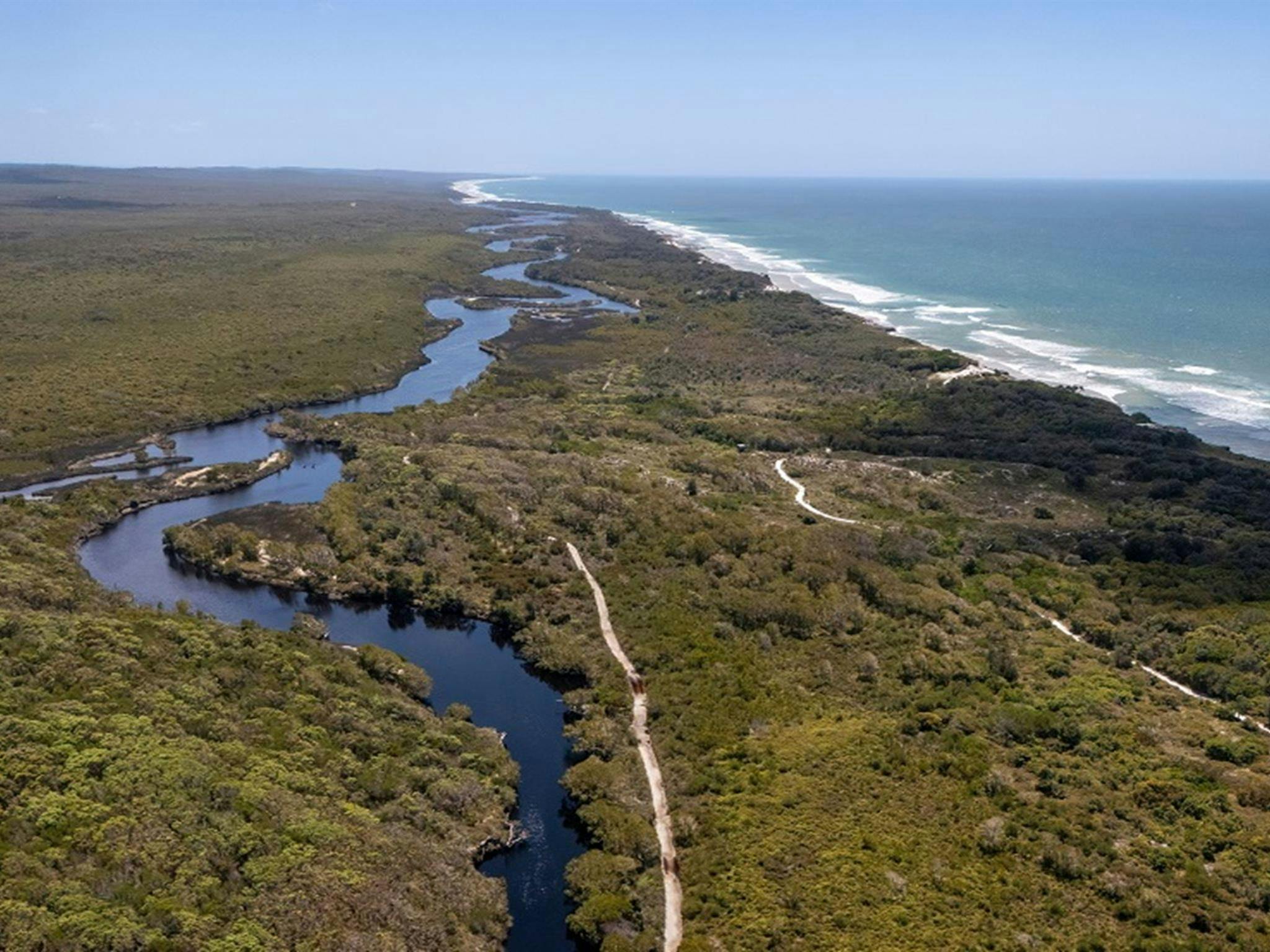 Aerial view of Jerusalem Creek, the lush country surrounding it with walking tracks running through