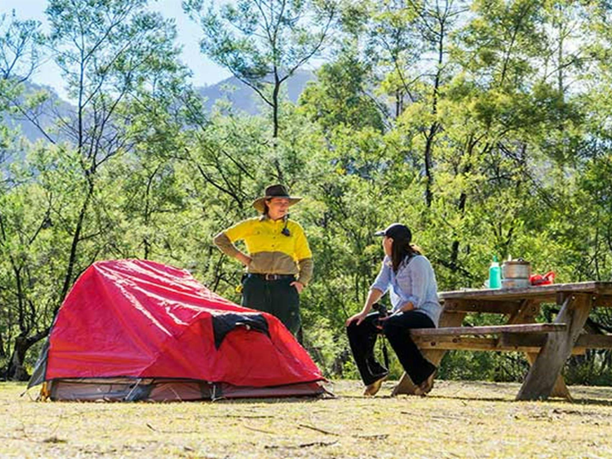 A camper and a ranger sit at a picnic table beside a tent, Kedumba River Crossing campground, Blue