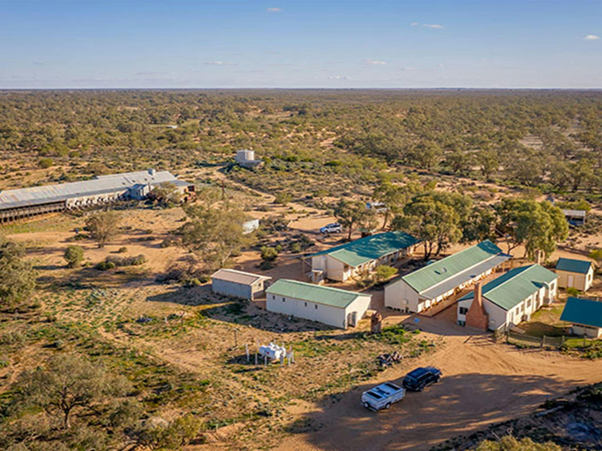 Aerial view of Kinchega Shearers Quarters and Kinchega Woolshed. Photo: John Spencer/DPIE
