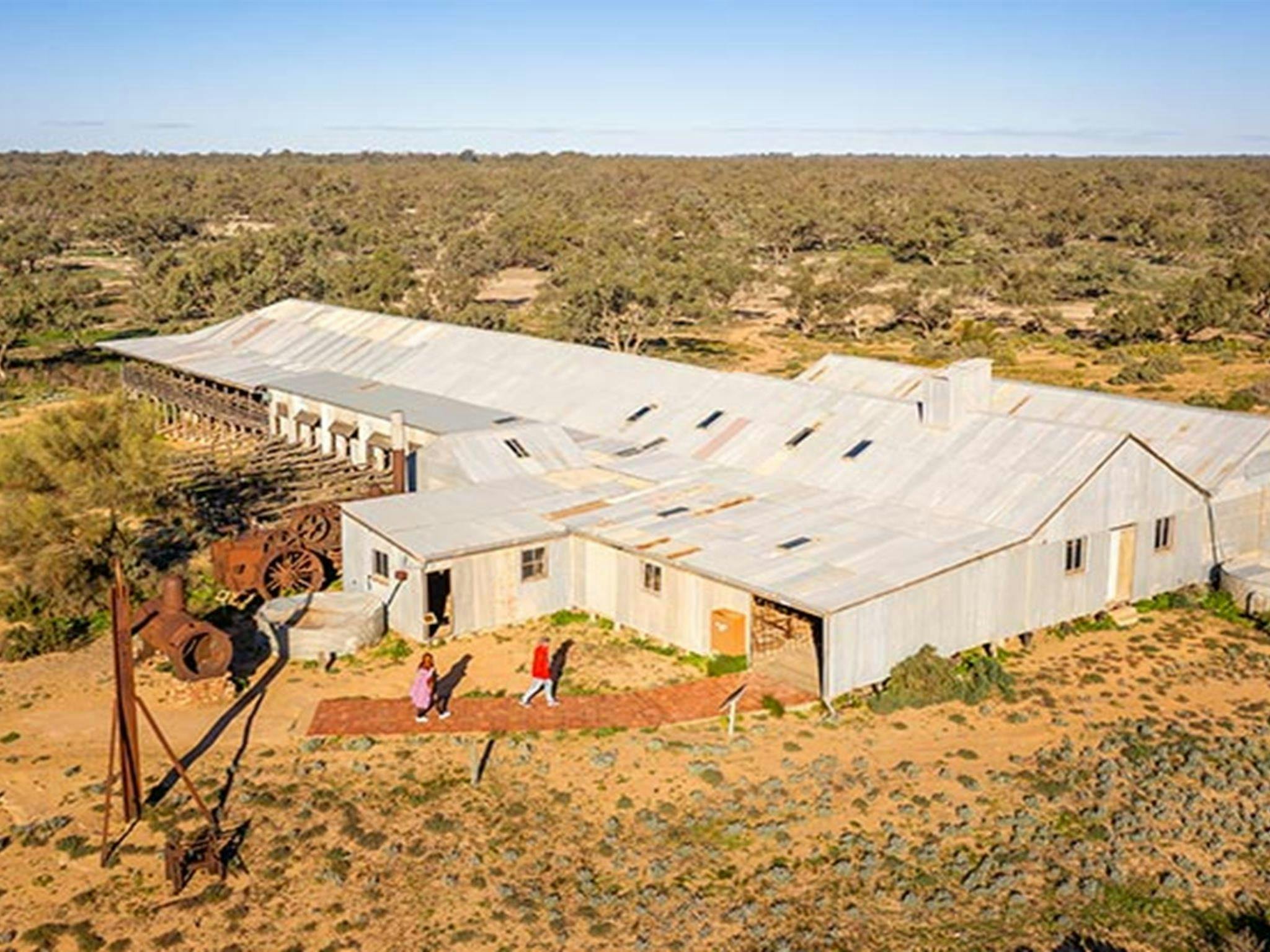 Aerial of visitors walking into Kinchega Woolshed. Photo: John Spencer/DPIE