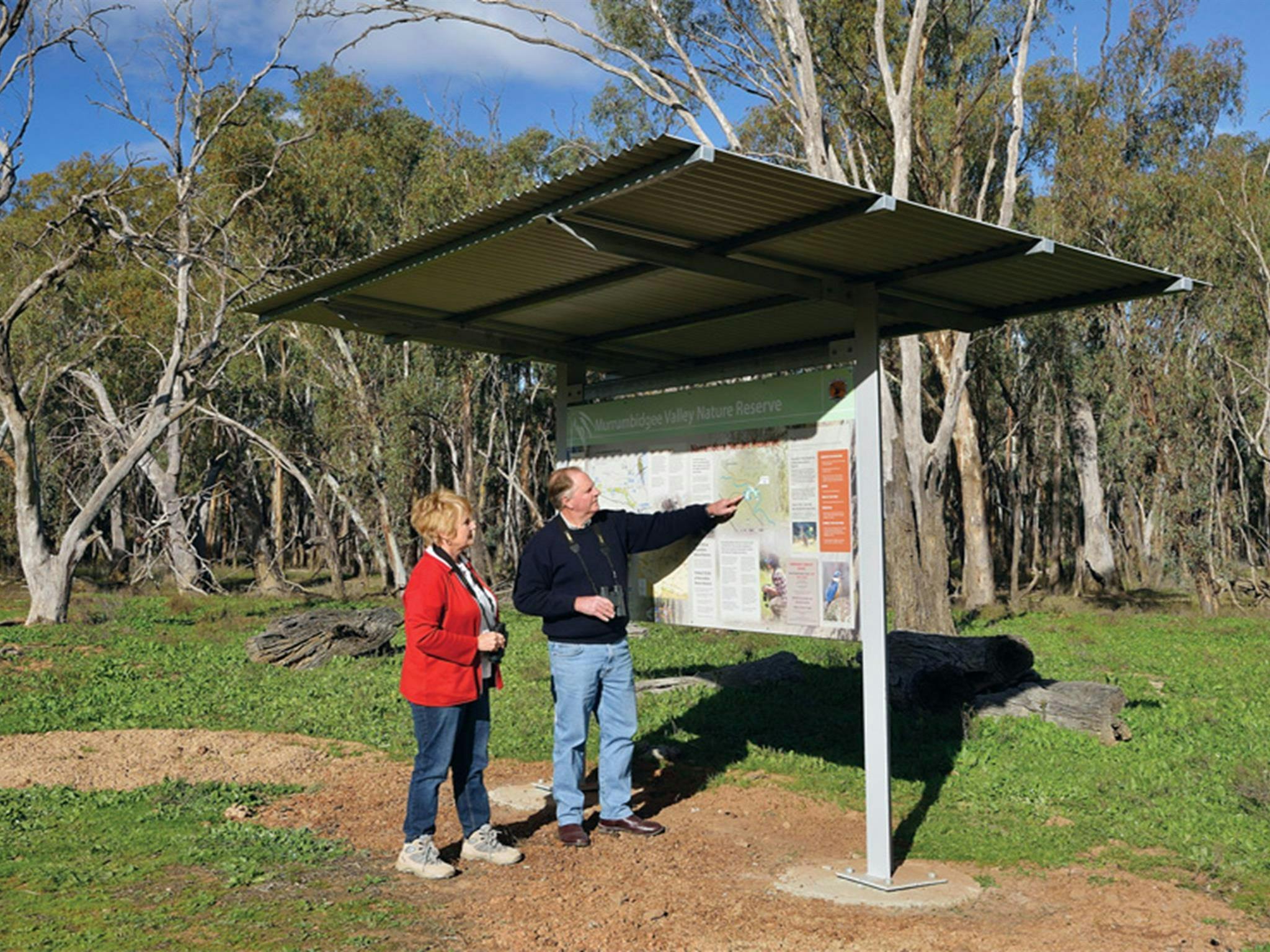 People looking at signage at Koala picnic area, Murrumbidgee Valley Nature Reserve. Photo: Gavin