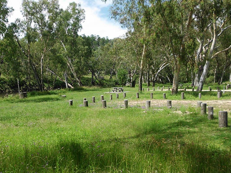 Grassy Kookibitta campground sites next to the Severn River with picnic tables, surrounded by