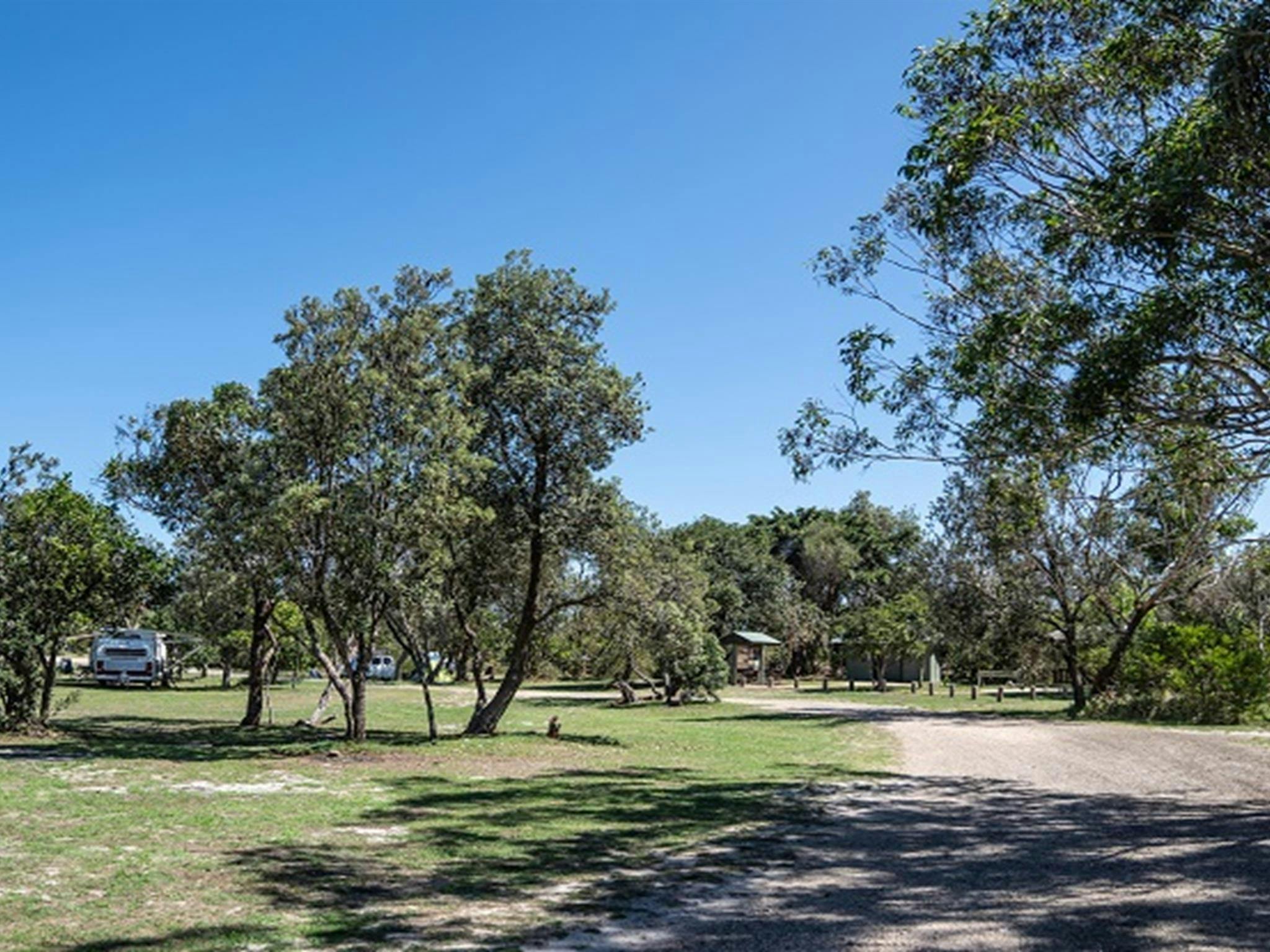 Campingplatz Kylies Beach mit einigen Wohnmobilen in der Ferne, Crowdy Bay Nationalpark. Foto: Rob