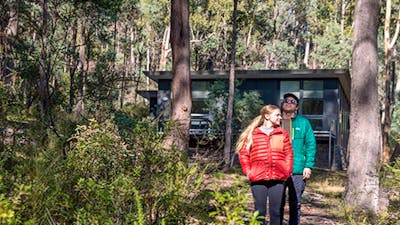 A couple walk through forest near Lyrebird Cottage, Kosciuszko National Park. Photo: Boen