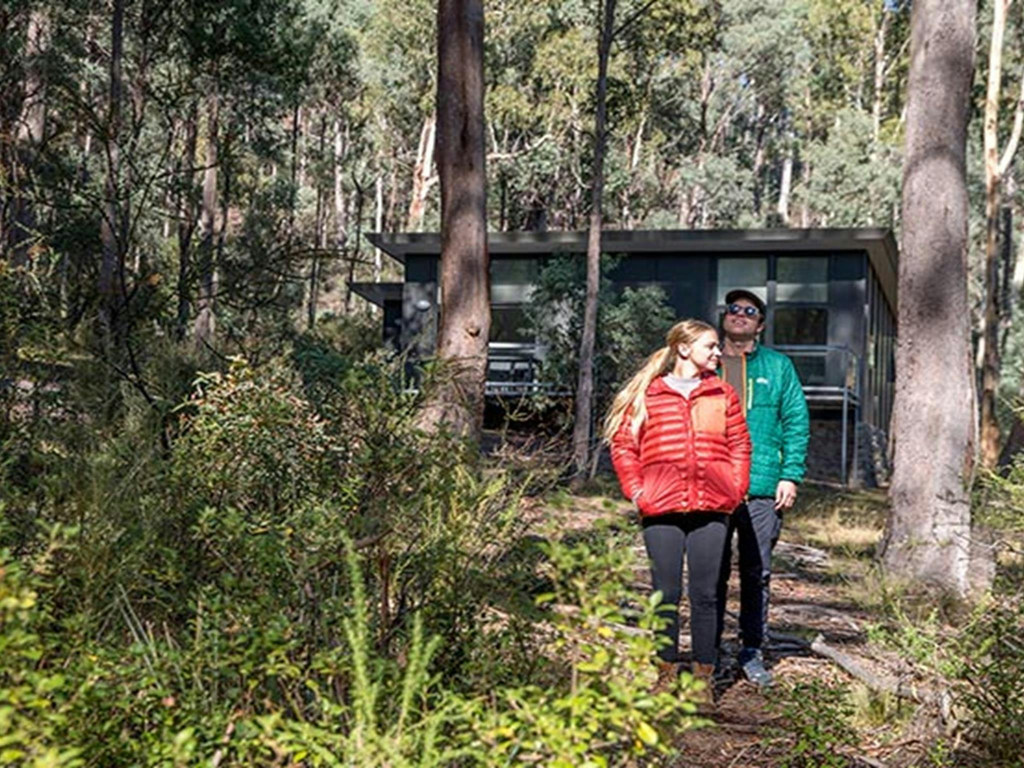 Ein Paar spaziert durch einen Wald in der Nähe des Lyrebird Cottage im Kosciuszko-Nationalpark. Foto: Boen