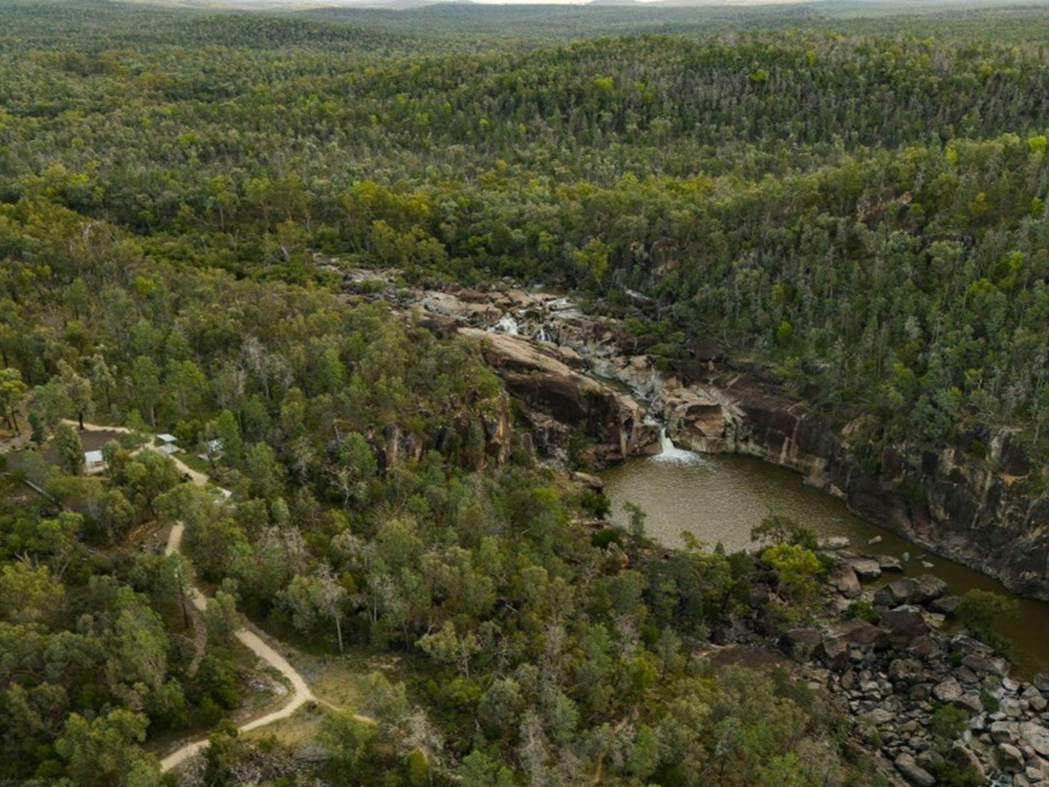 An aerial view of Macintyre Falls and nearby Macintyre Falls picnic area in Kwiambal National Park.