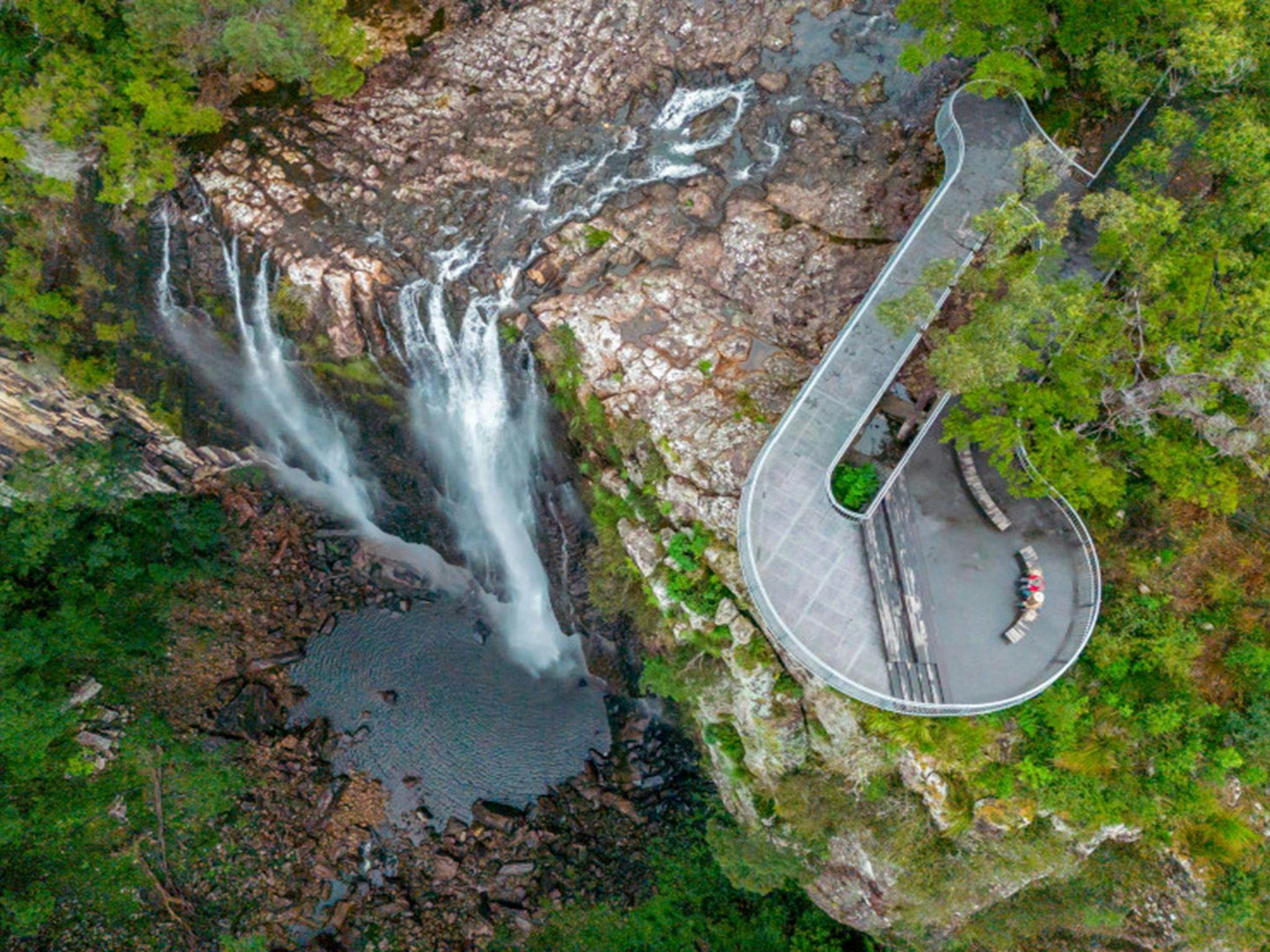 Aerial view of Minyon Falls and the lookout in Nightcap National Park. Credit: John Spencer ©