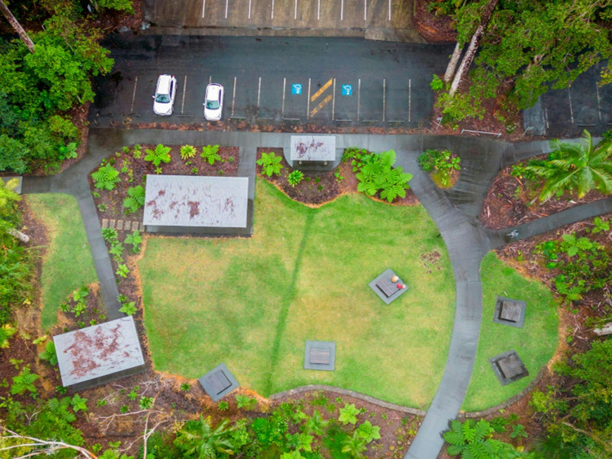 Aerial view of the picnic area and carpark at Minyon Falls. Credit: John Spencer © DPE