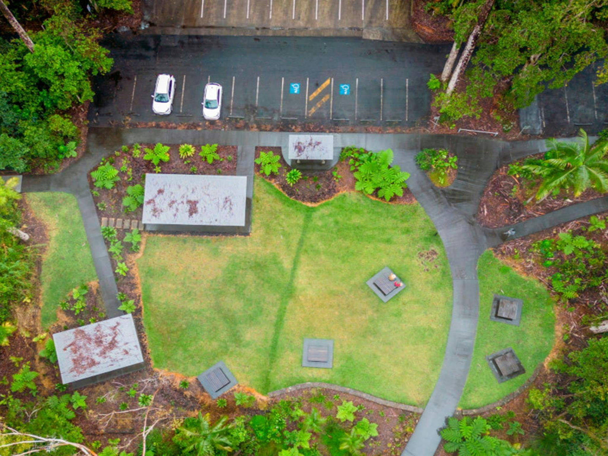 Aerial view of the picnic area and carpark at Minyon Falls. Credit: John Spencer © DPE