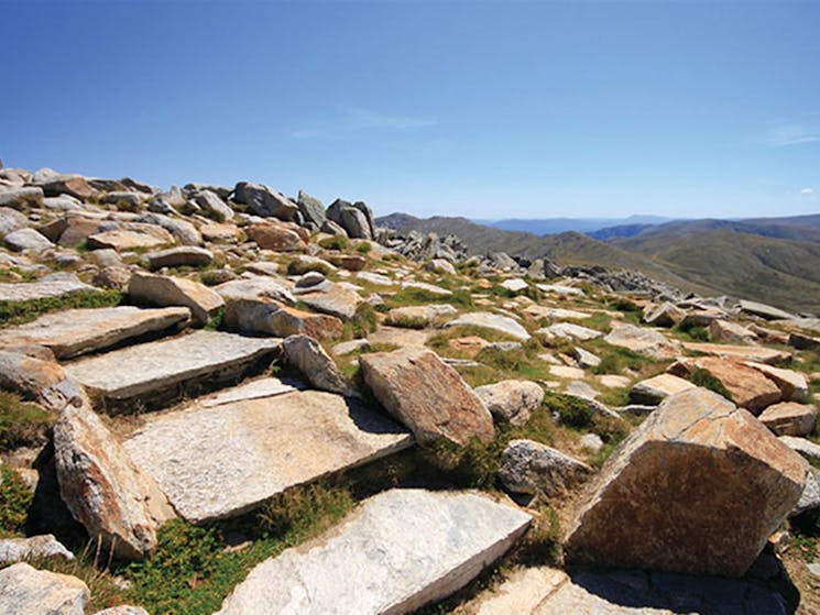 Stone steps lead up to Mount Kosciuszko summit lookout, in Kosciuszko National Park. Photo: Elinor